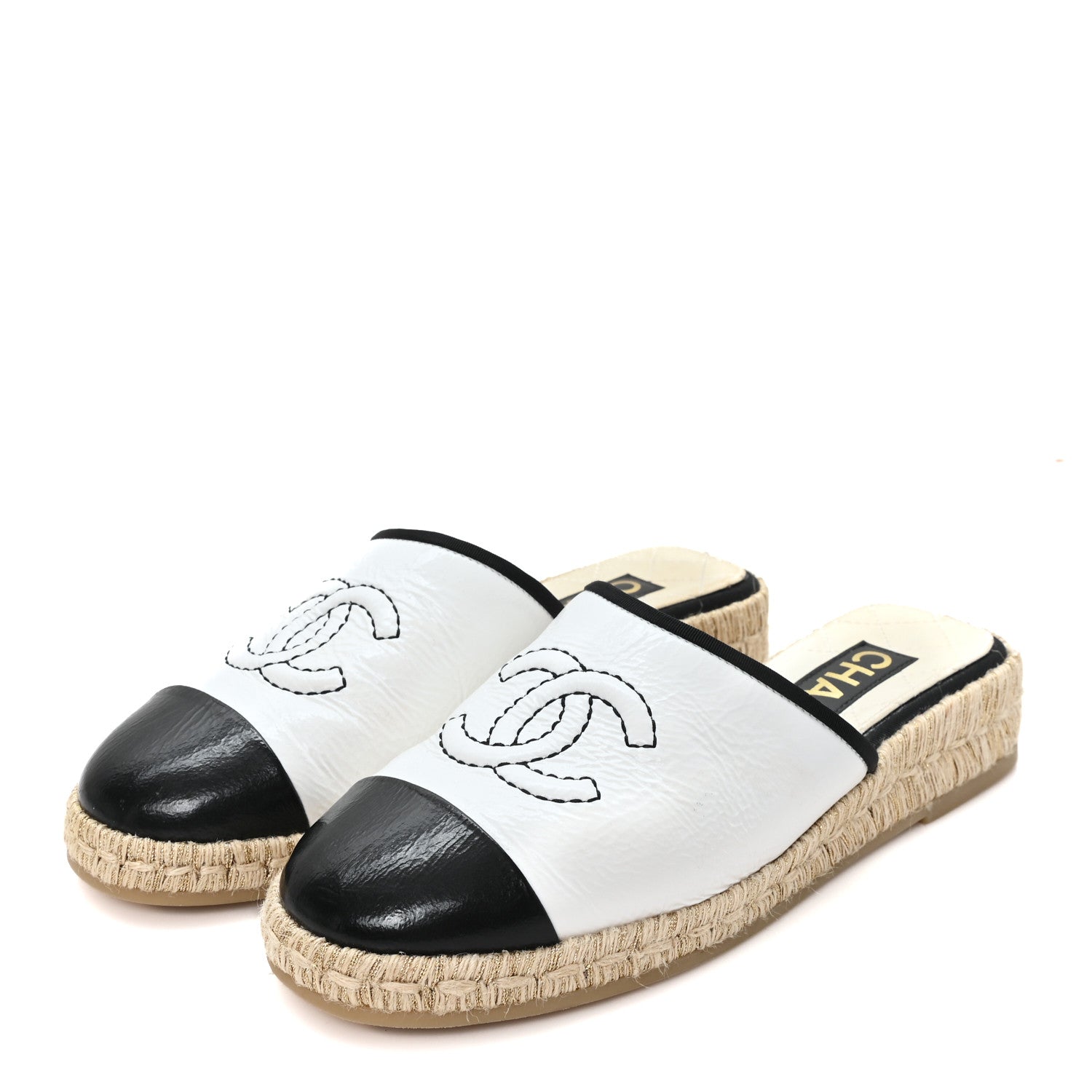 Chanel Crumpled Goatskin CC Espadrille Mules 36 White Black 4 of 9