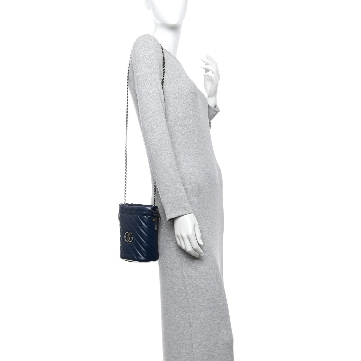 Gucci Vintage Effect Calfskin Matelasse Diagonal Mini Torchon GG Marmont 2.0 Bucket Bag Blue Agata Mystic White 2 of 10