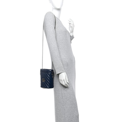 Gucci Vintage Effect Calfskin Matelasse Diagonal Mini Torchon GG Marmont 2.0 Bucket Bag Blue Agata Mystic White 2 of 10