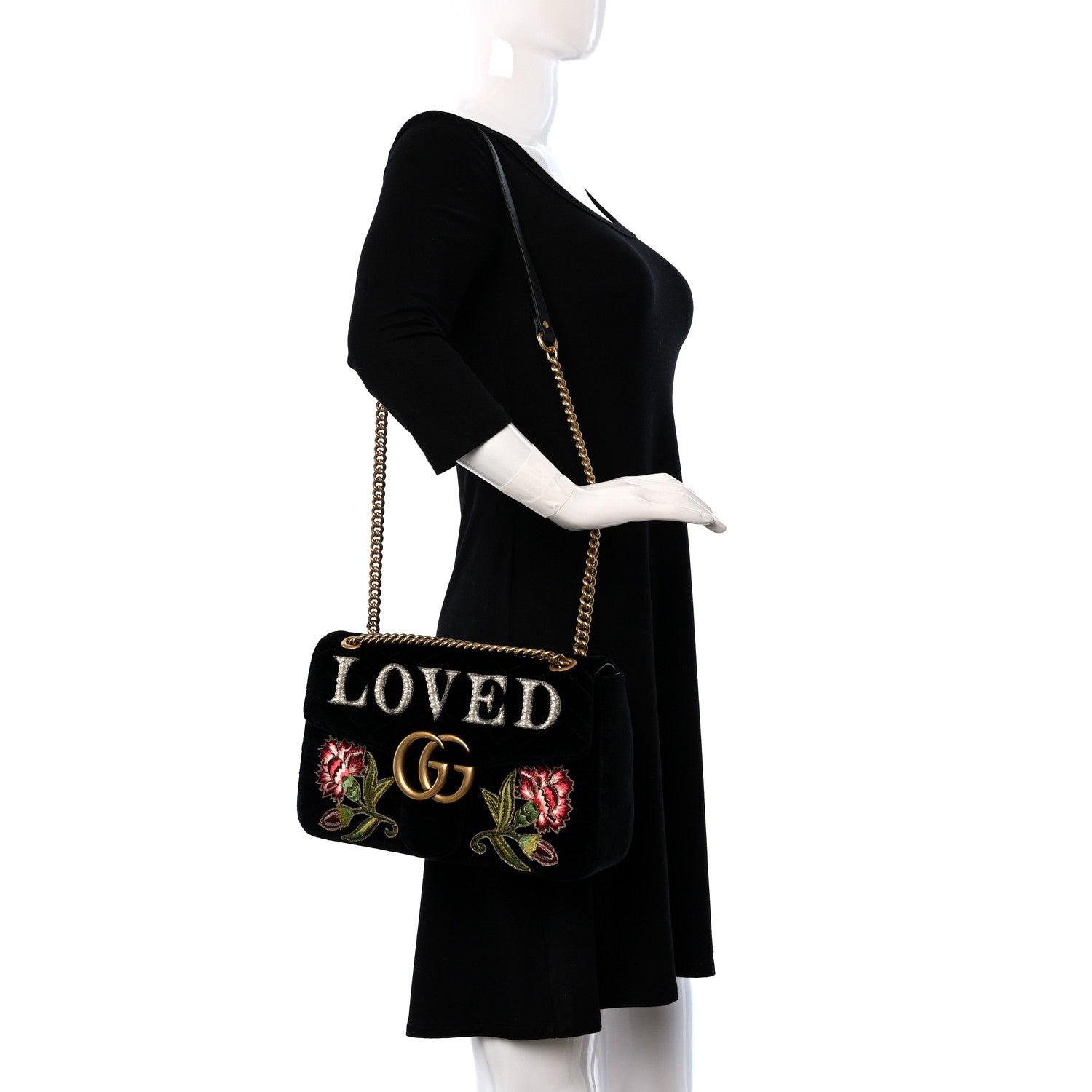 Gucci Velvet Matelasse Loved Embroidered Medium GG Marmont Shoulder Bag Black 2 of 9