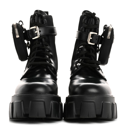 Prada Spazzolato Rois Re-Nylon Metal Triangle Logo Monolith Pouch Pocket 55mm Boots 37 Black 3 of 16
