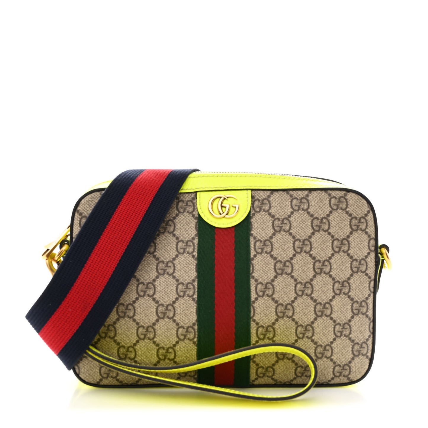 GG Supreme Monogram Textured Dollar Calfskin Web Ophidia Wristlet Shoulder Bag Beige Ebony Fluo Yellow