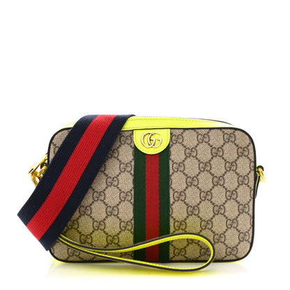 Gucci GG Supreme Monogram Textured Dollar Calfskin Web Ophidia Wristlet Shoulder Bag Beige Ebony Fluo Yellow 1 of 11