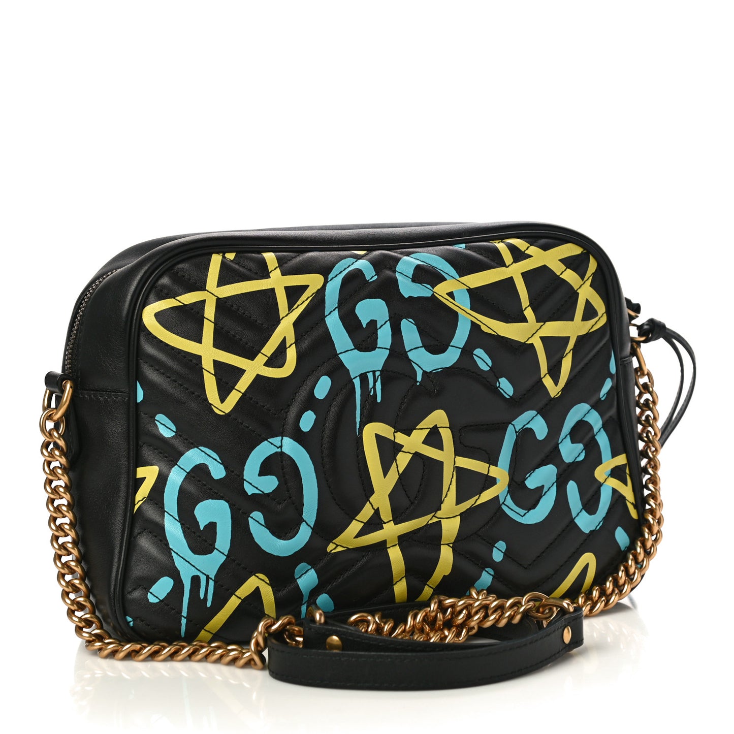 Calfskin Matelasse GucciGhost Medium GG Marmont Chain Shoulder Bag Black New Acquamarine