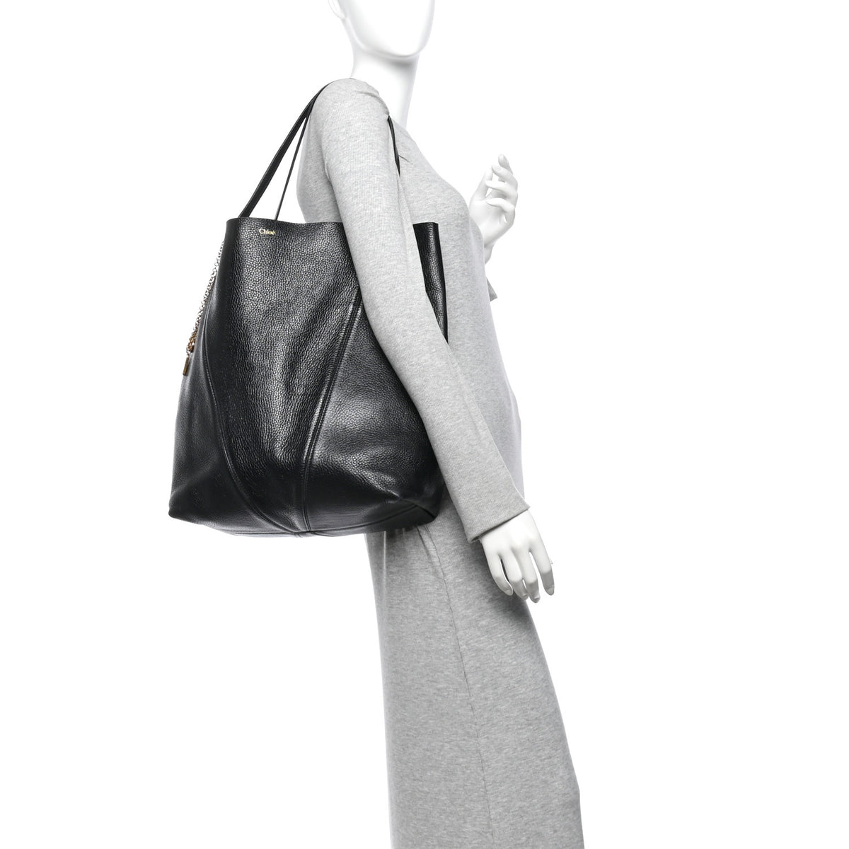 Grained Calfskin Large Spin Tote Black