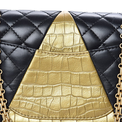 Chanel Lambskin Metallic Calfskin Crocodile Embossed 2.55 Cocodile Reissue 225 Flap Black Gold 11 of 11