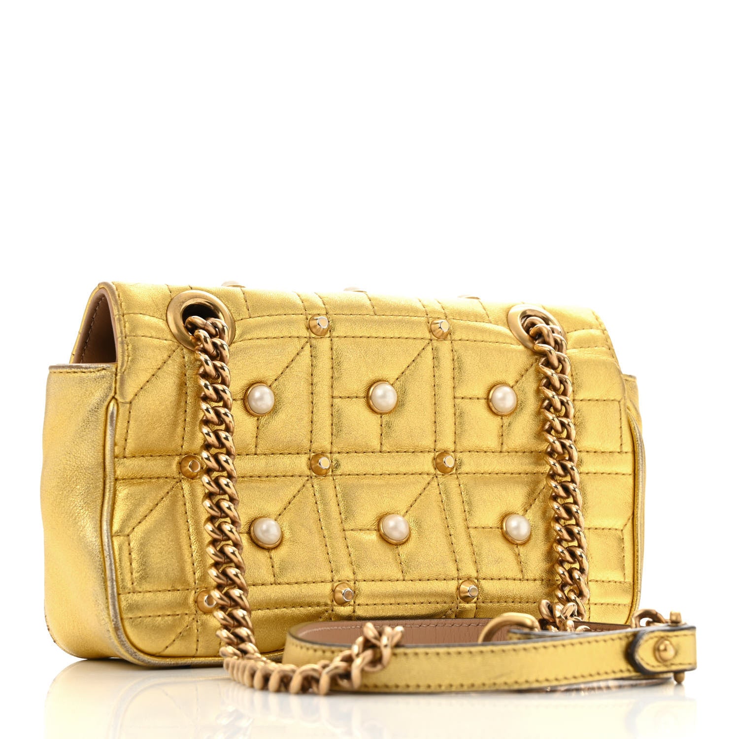 Gucci Metallic Calfskin Matelasse Studded Mini Pearly GG Marmont Shoulder Bag Gold 3 of 13
