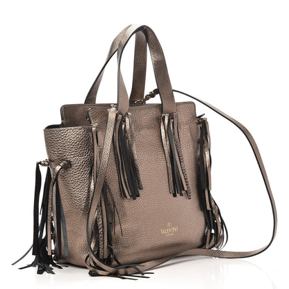 Valentino Garavani Metallic Grained Calfskin C-Rockee Fringe Tote Sasso 3 of 7