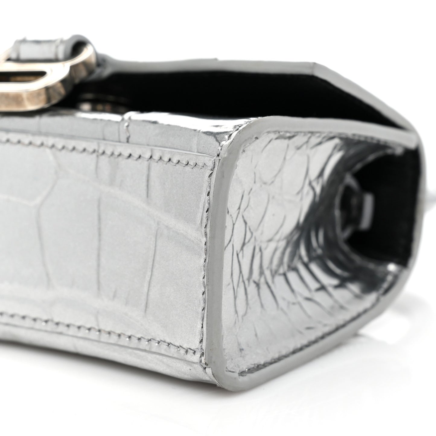 Metallic Calfskin Crocodile Embossed Hourglass Top Handle Bag Mini Silver