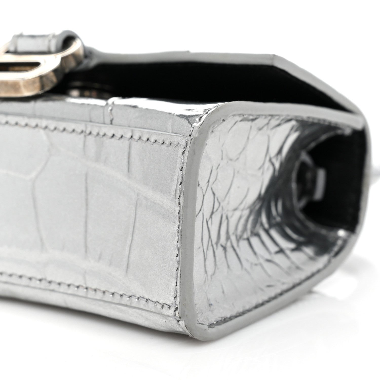 Balenciaga Metallic Calfskin Crocodile Embossed Hourglass Top Handle Bag Mini Silver 6 of 7