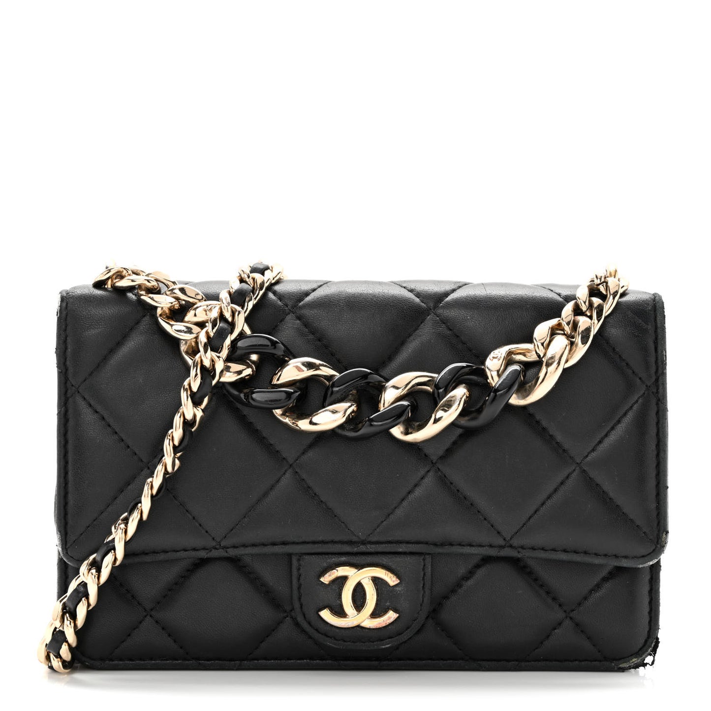 Lambskin Resin Bi-Color Quilted Wallet On Chain WOC Black