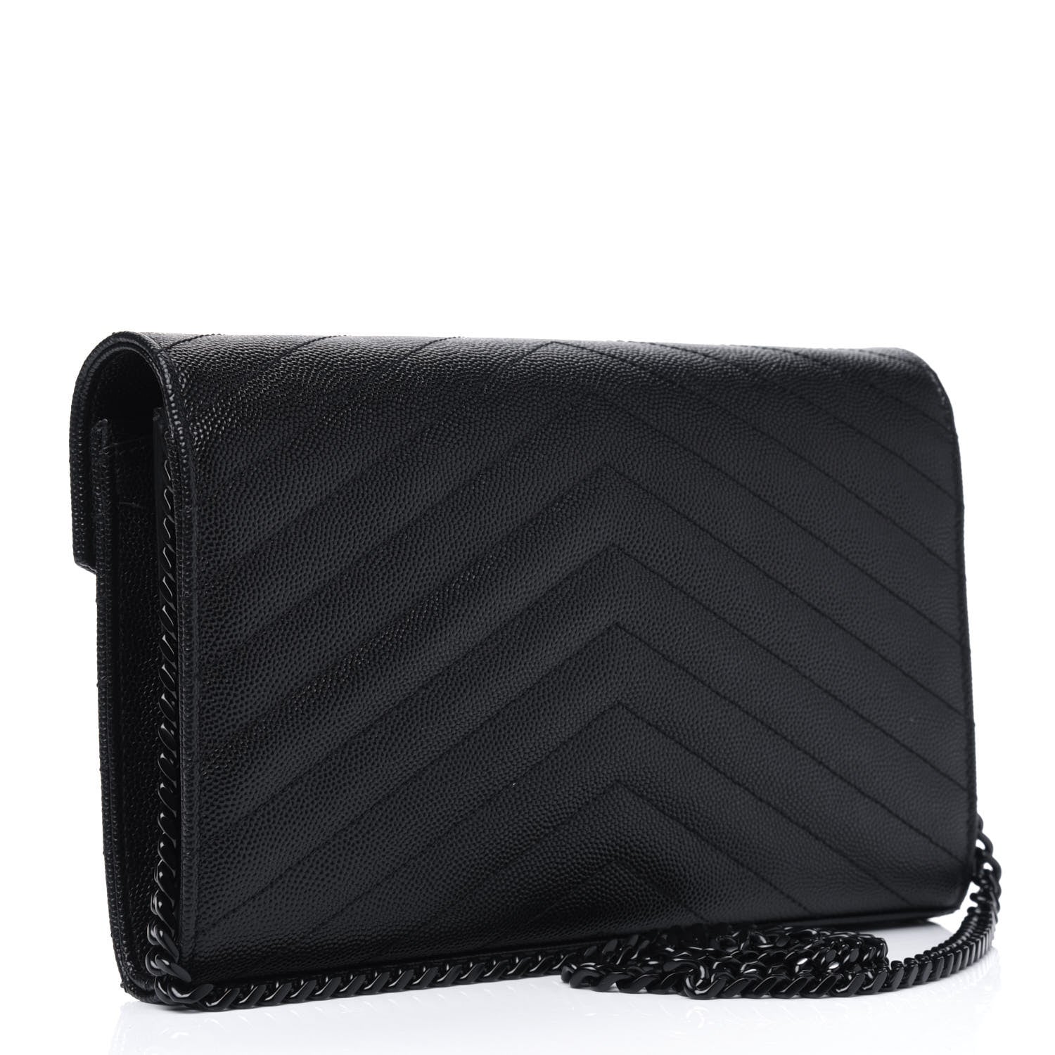 Saint Laurent Grain De Poudre Matelasse Chevron Monogram Chain Wallet Black 2 of 10