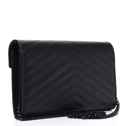 Saint Laurent Grain De Poudre Matelasse Chevron Monogram Chain Wallet Black 2 of 10
