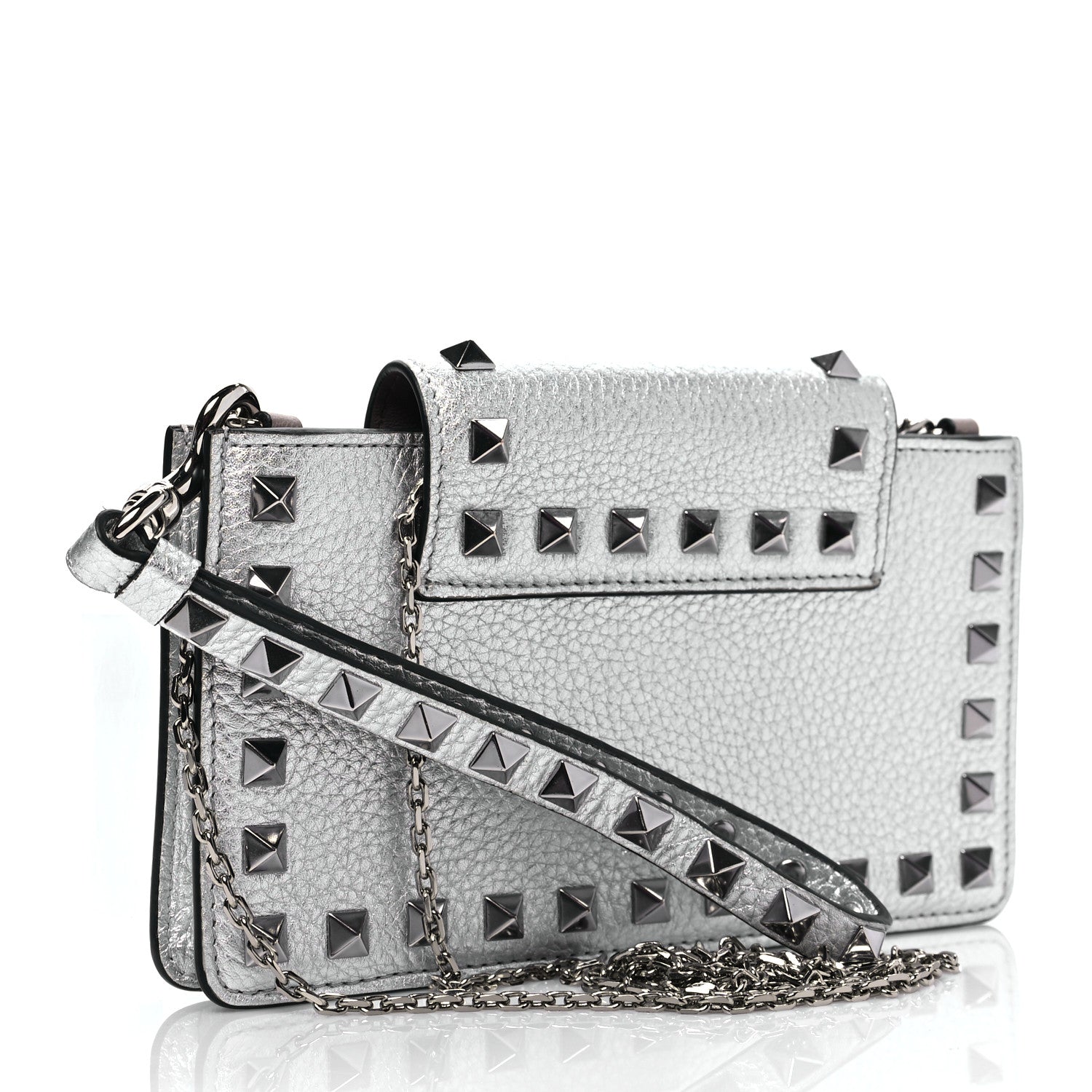 Valentino Garavani Metallic Pebbled Calfskin Rockstud Phone Case With Chain Silver 2 of 8
