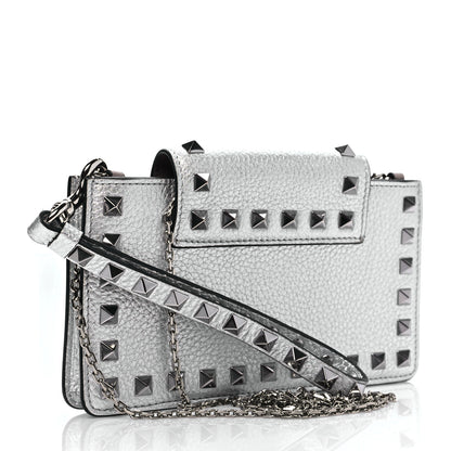 Valentino Garavani Metallic Pebbled Calfskin Rockstud Phone Case With Chain Silver 2 of 8