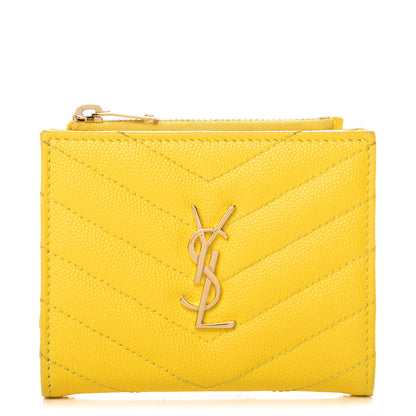 Saint Laurent Grain De Poudre Matelasse Chevron Monogram Zipped Card Case Mimosa Shiny 1 of 12