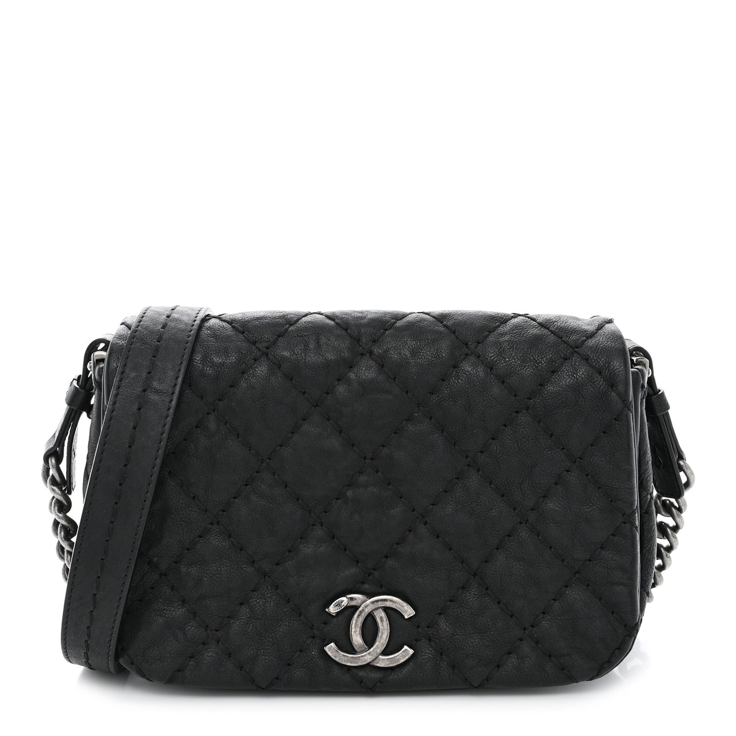 Calfskin Quilted Double Stitch Flap Black