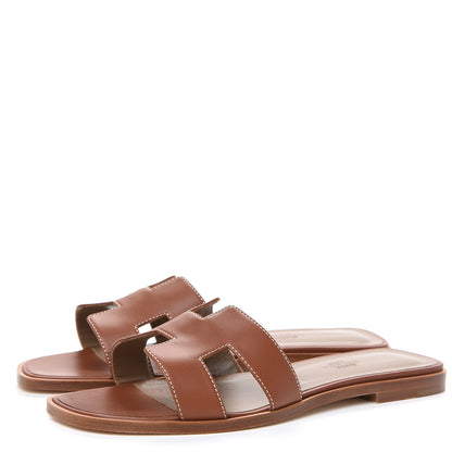 Hermes Box Calfskin Oran Sandals 38.5 Gold 3 of 8