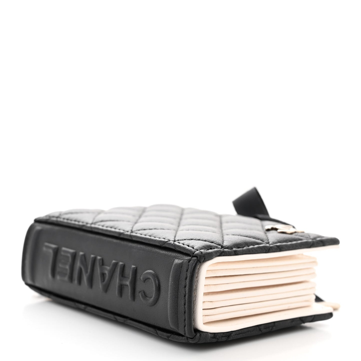 Lambskin Quilted Book Card Holder on Chain Black