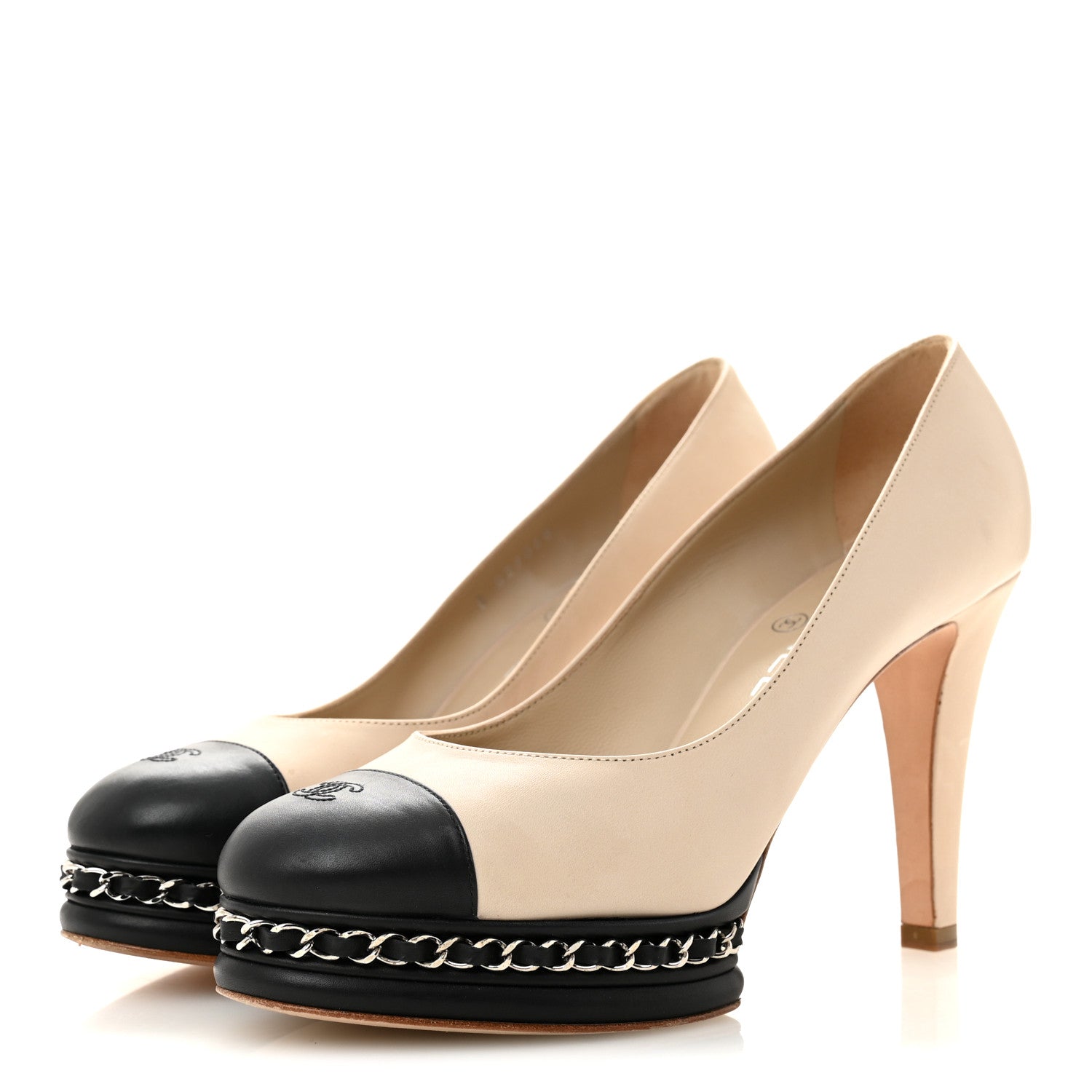 Chanel Calfskin CC Cap Toe Platform Chain Pumps 39 Beige Black 4 of 13