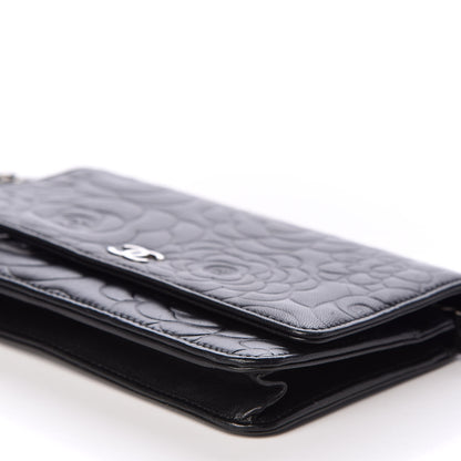 Chanel Lambskin Camellia Embossed Wallet on Chain WOC Black 10 of 11