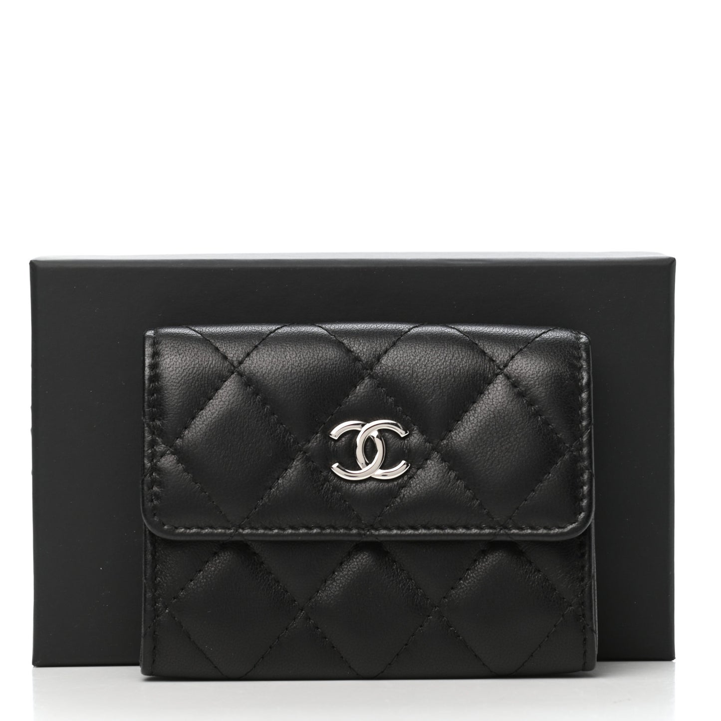 Lambskin Quilted Flap Card Holder Black