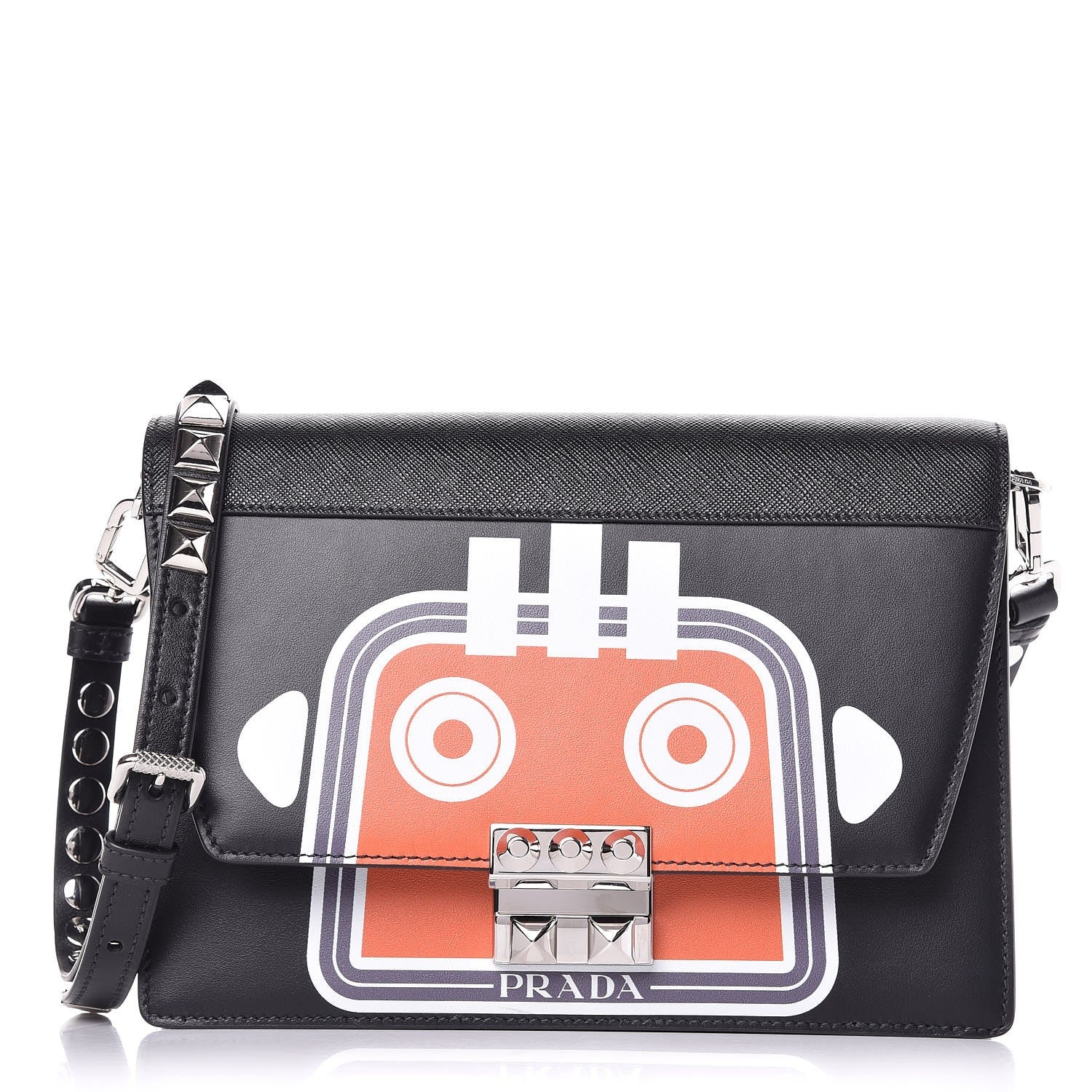 Prada City Calfskin Saffiano Robot Large Elektra Shoulder Bag Black Papaya 1 of 7