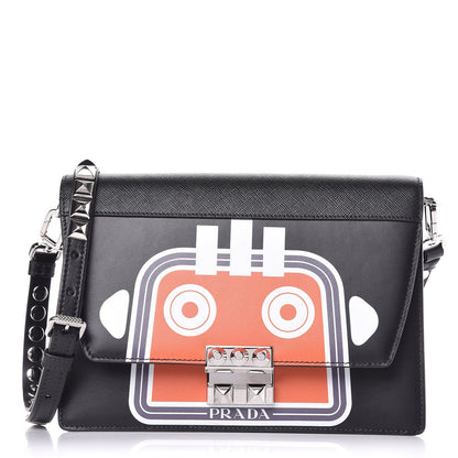 Prada City Calfskin Saffiano Robot Large Elektra Shoulder Bag Black Papaya 1 of 7