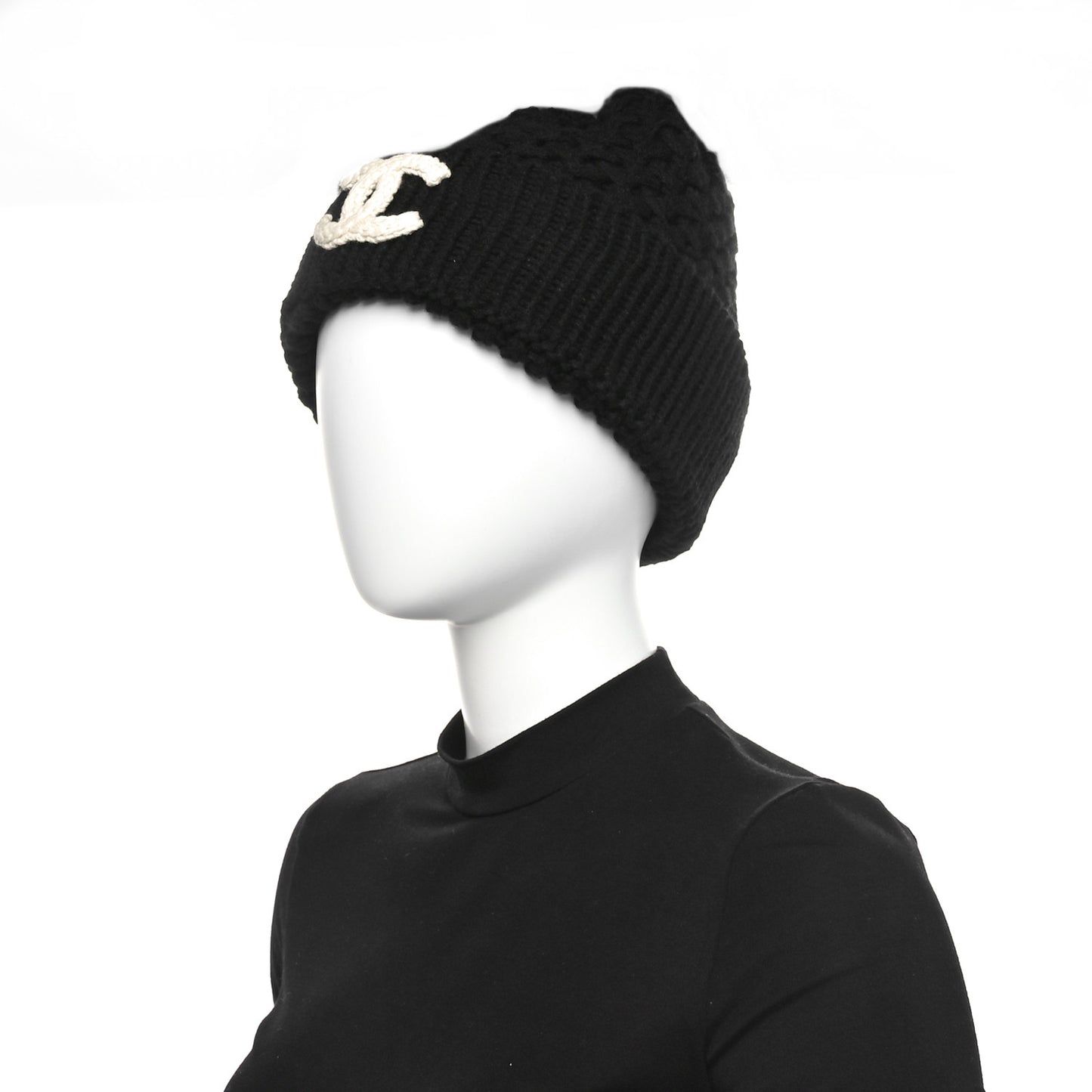 Wool Cashmere CC Beanie Hat Black White