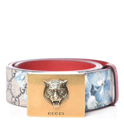 Gucci GG Plus Monogram Blooms Plaque Belt 85 34 Blue 1 of 6