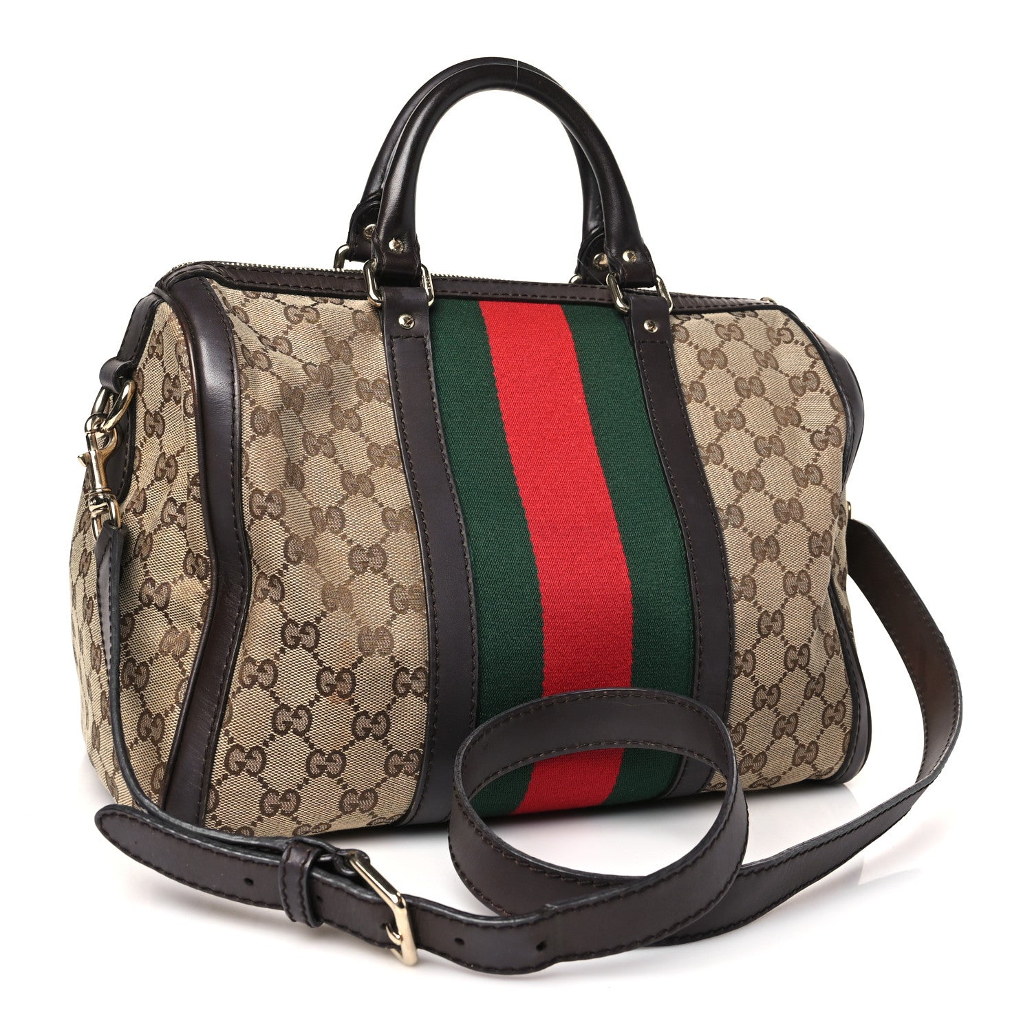Gucci Monogram Selleria Calfskin Vintage Web Medium Boston Beige Ebony Cocoa 3 of 9