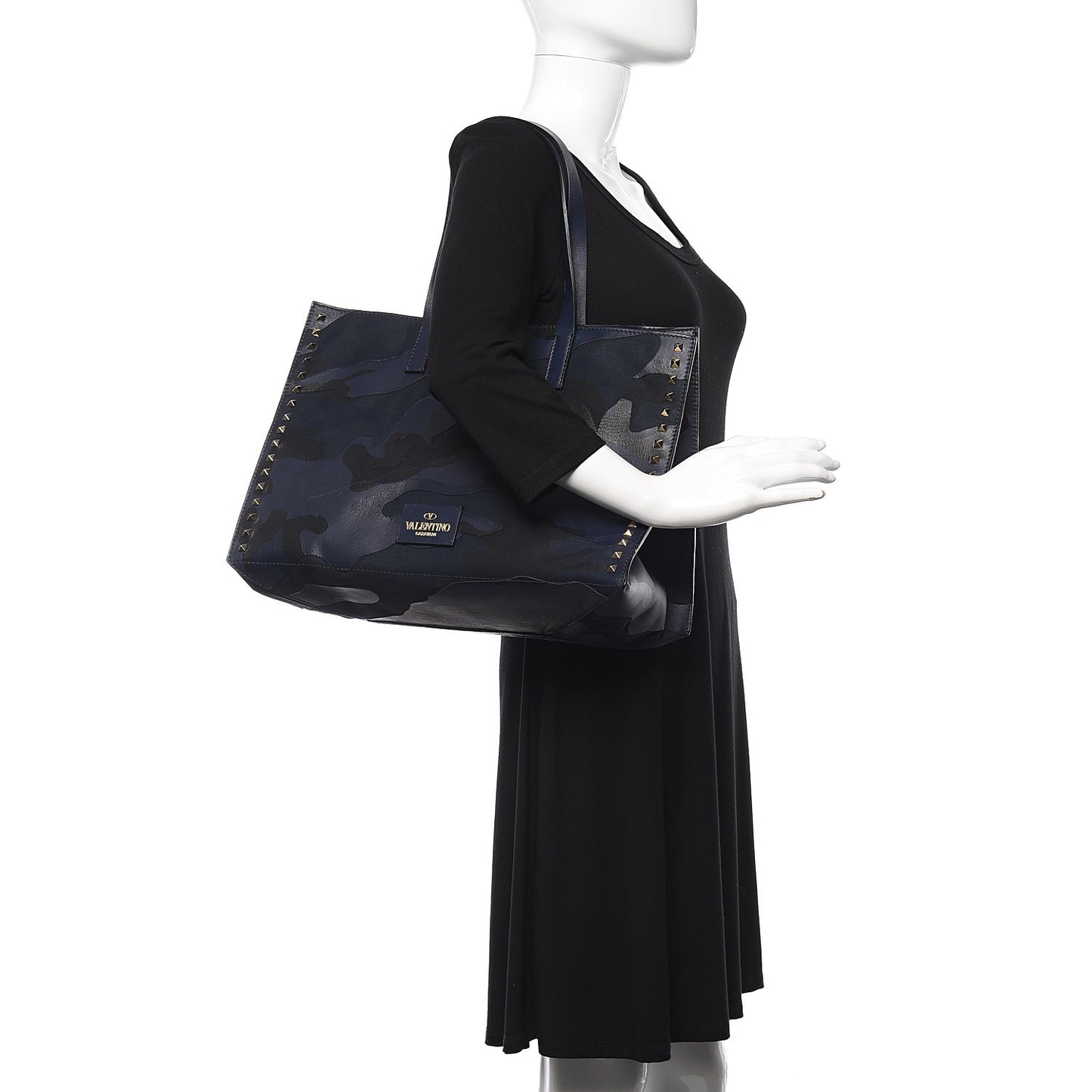 Nappa Canvas Camo Medium Rockstud Soft Tote Navy Blue