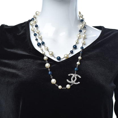 Chanel Pearl Bead CC Long Necklace Blue Silver 2 of 6