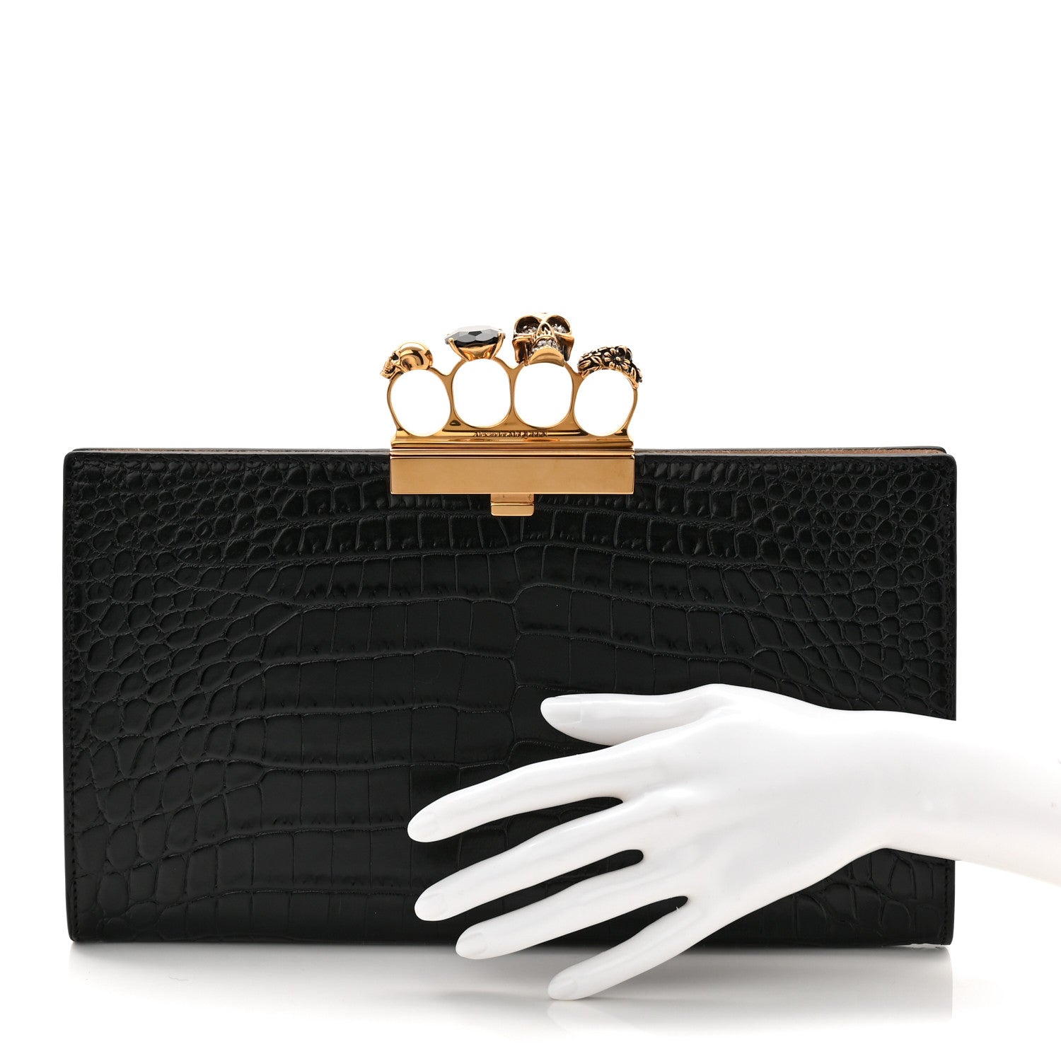 Alexander McQueen Calfskin Crocodile Embossed Knuckle Flat Clutch Black Gold 3 of 18