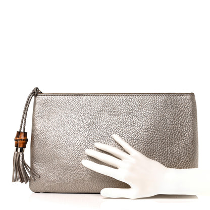 Gucci Metallic Pebbled Calfskin Large Bamboo Clutch Gold 4 of 13