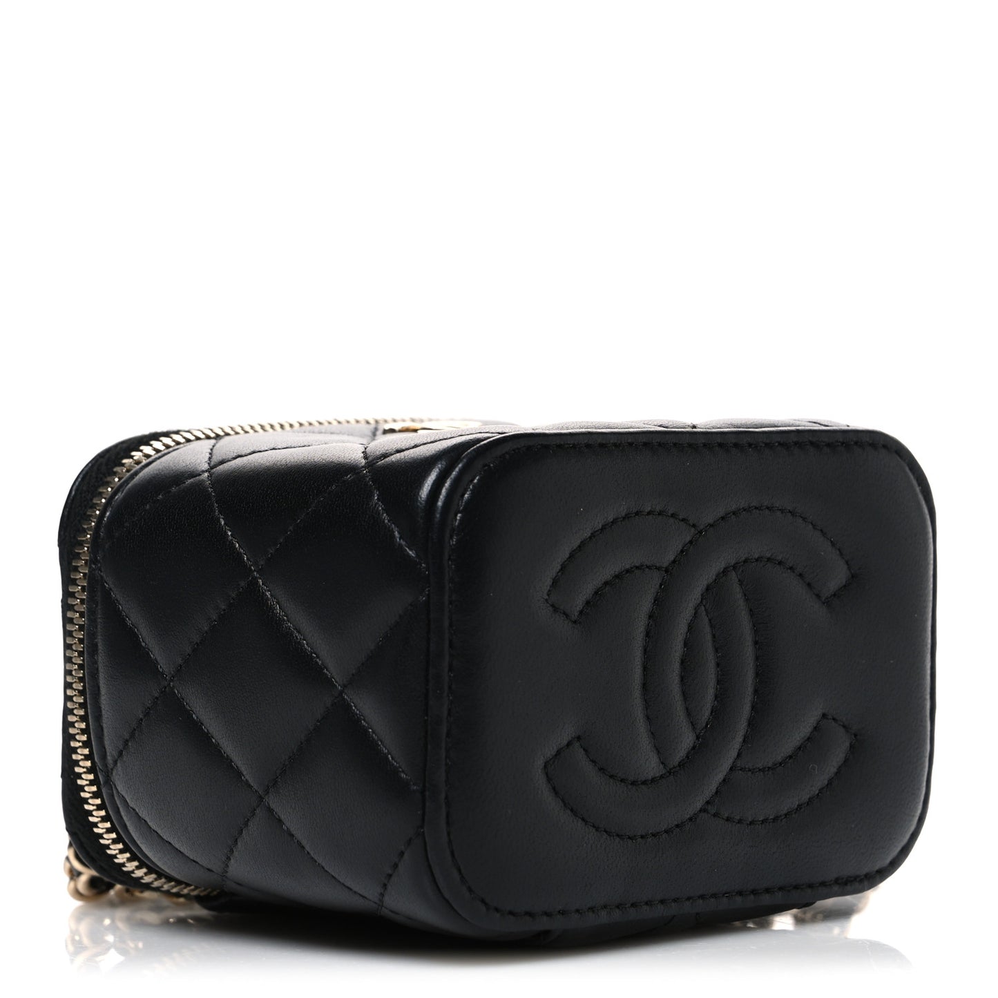 Lambskin Quilted Top Handle Mini Vanity Case With Chain Black