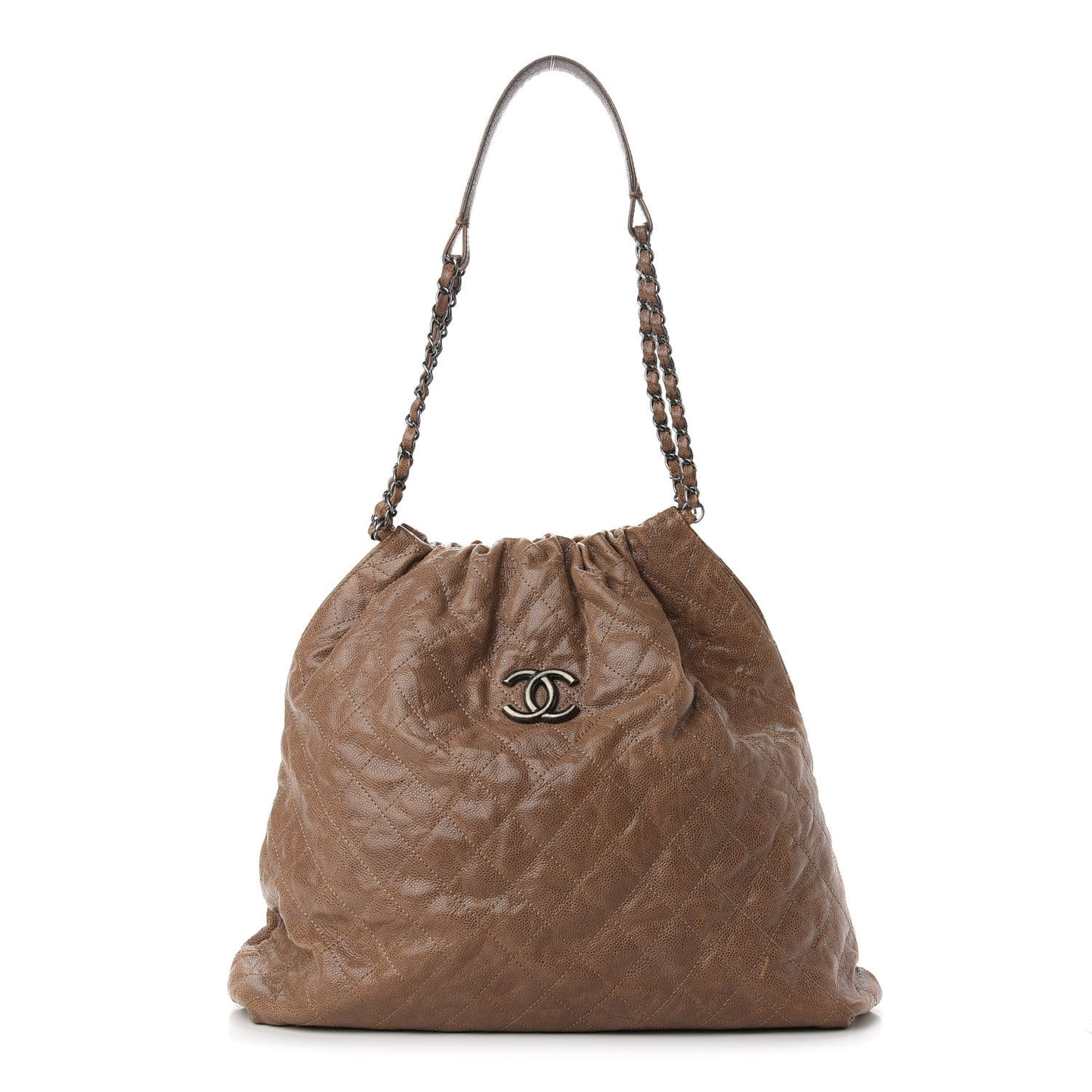 Distressed Glazed Caviar Quilted Large Elastic Tote Brown