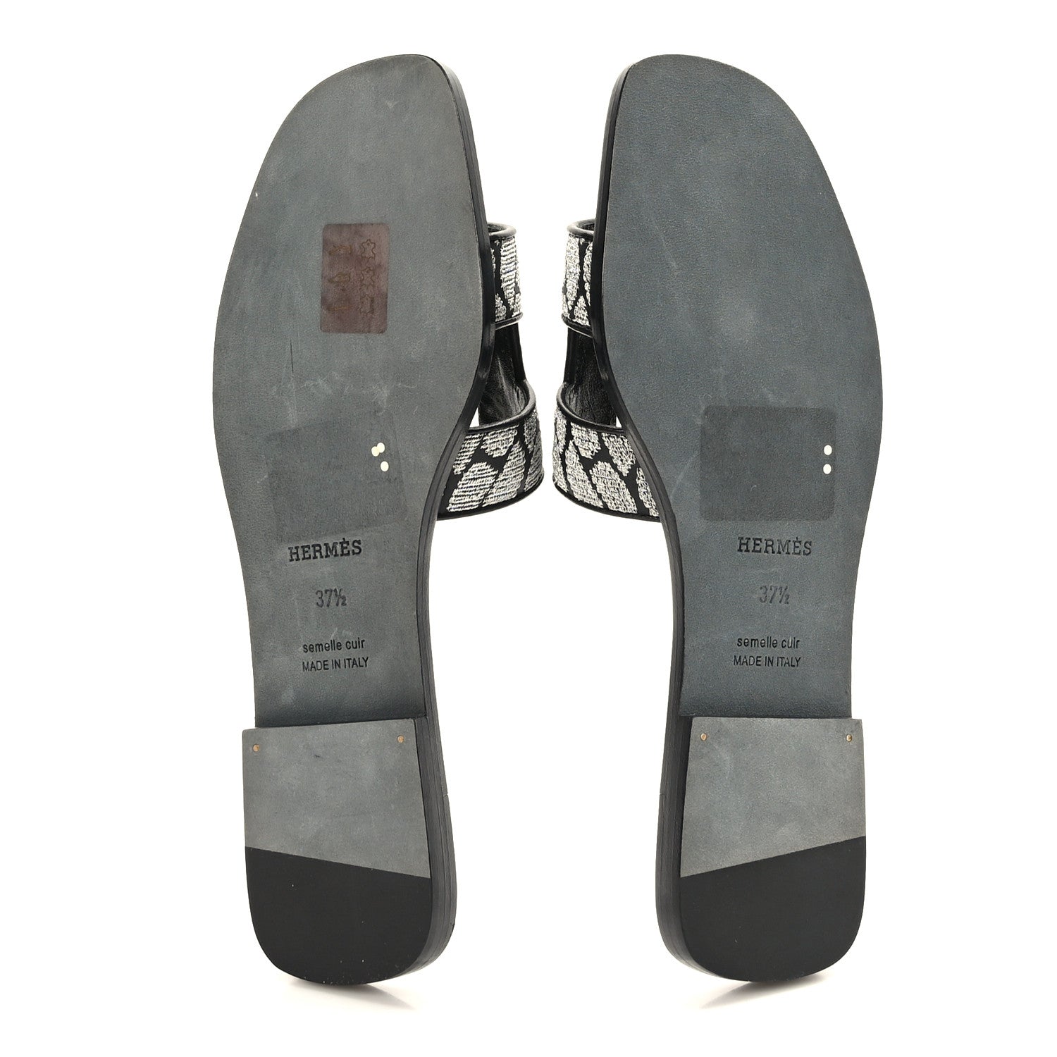 Hermes Calfskin Embroidered Oran Sandals 37.5 Black Gris Argente 5 of 9