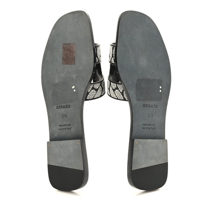 Hermes Calfskin Embroidered Oran Sandals 37.5 Black Gris Argente 5 of 9