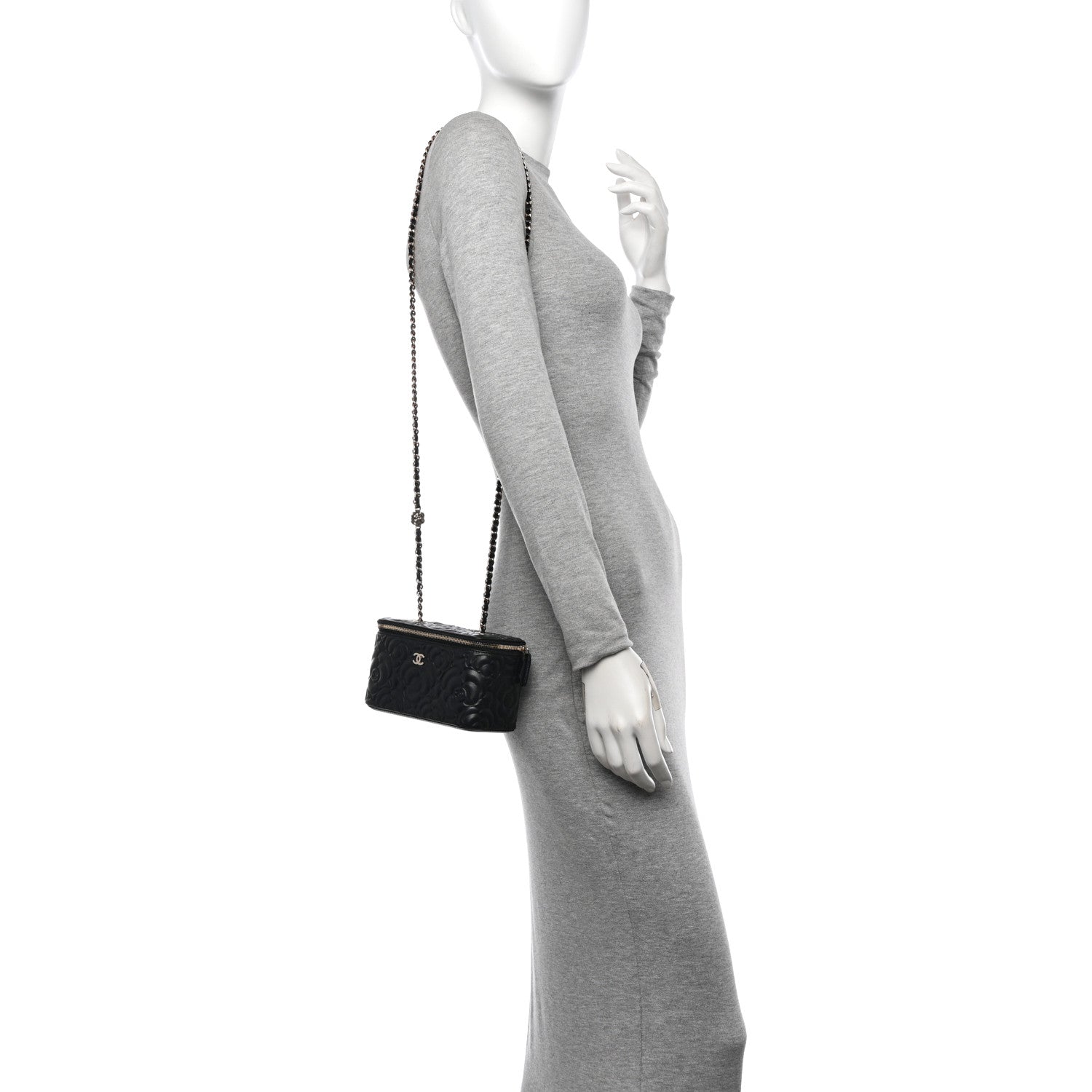 Chanel Lambskin Camellia Embossed Small Vanity Case With Chain Black 2 of 10