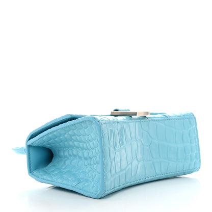 Balenciaga Shiny Calfskin Crocodile Embossed Hourglass Top Handle Bag XS Azur 3 of 10