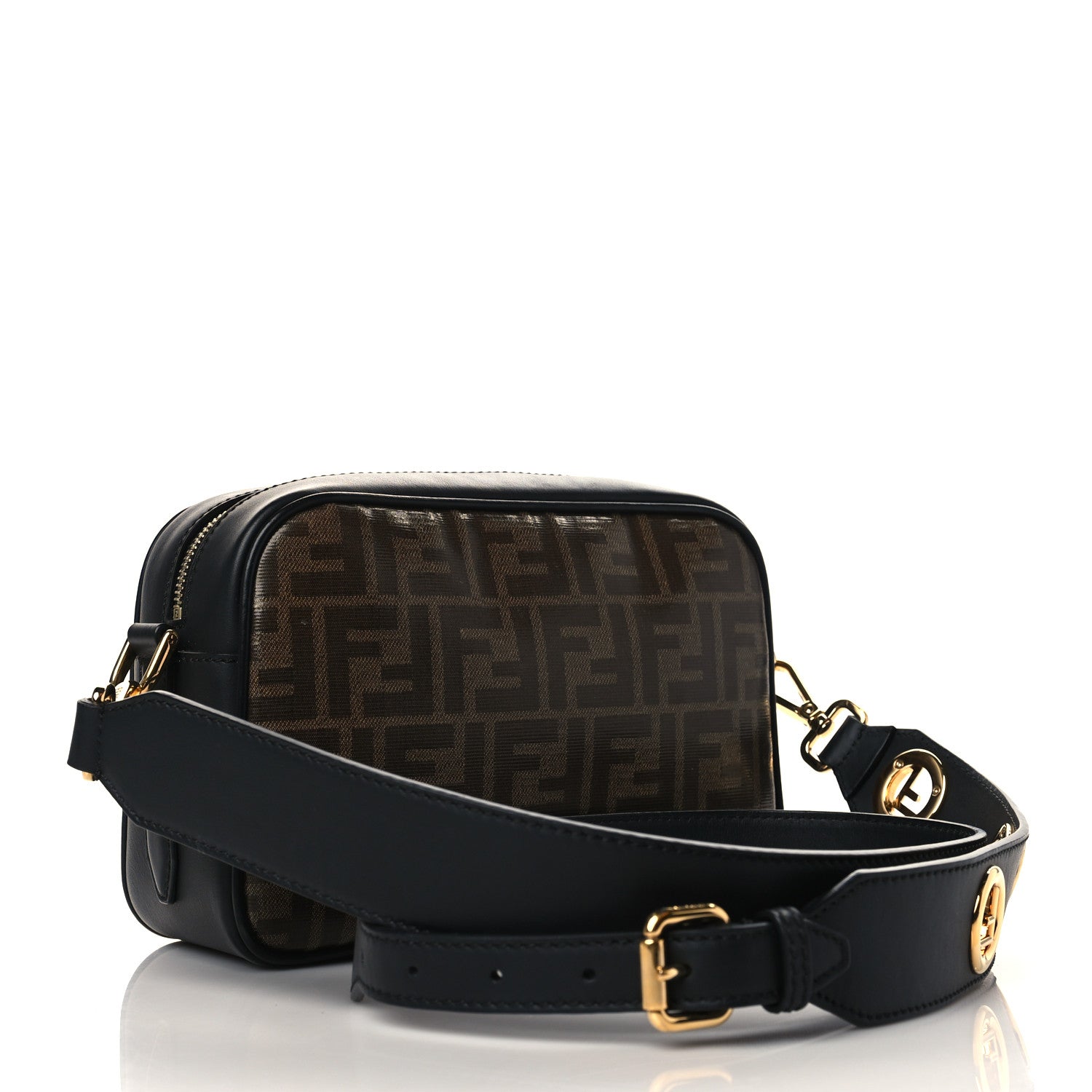Fendi Glazed Fabric Vitello Century F is Fendi FF 1974 Stamp Patch Camera Case Mogano Panna Black 3 of 10