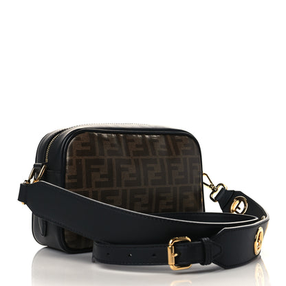 Fendi Glazed Fabric Vitello Century F is Fendi FF 1974 Stamp Patch Camera Case Mogano Panna Black 3 of 10