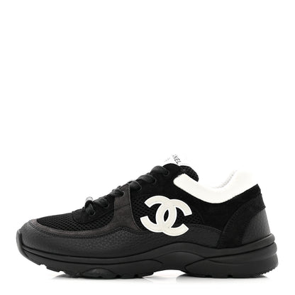Chanel Mesh Suede Grained Calfskin Womens CC Sneakers 39 Black White 1 of 8