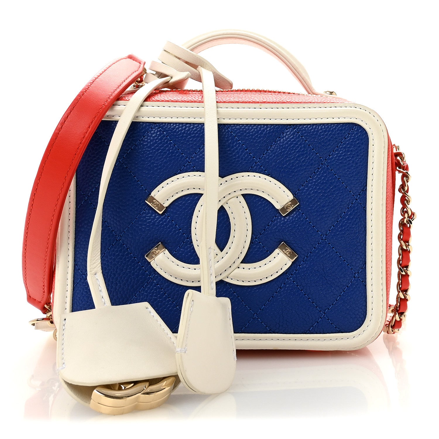 Chanel Caviar Quilted Small CC Filigree Vanity Case Blue White Red 1 of 10