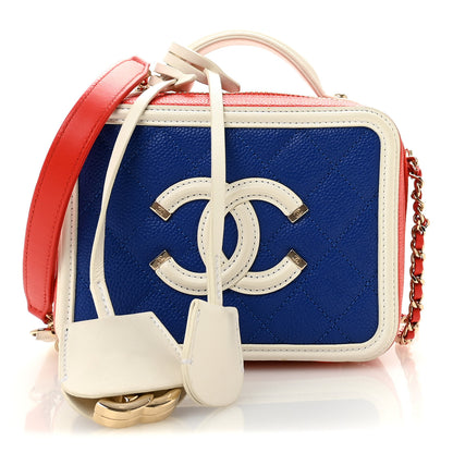 Chanel Caviar Quilted Small CC Filigree Vanity Case Blue White Red 1 of 10