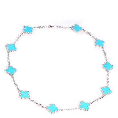 Van Cleef & Arpels 18K White Gold Turquoise 10 Motifs Vintage Alhambra Necklace 1 of 7