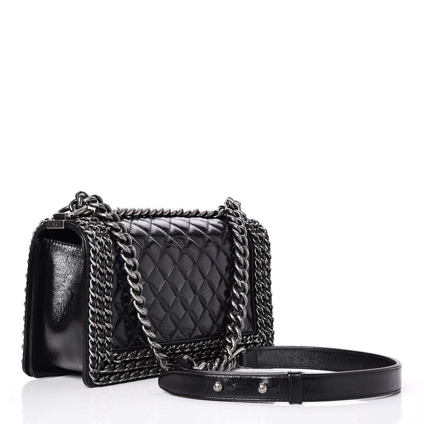 Glazed Calfskin Quilted Medium Boy Chained Flap Black