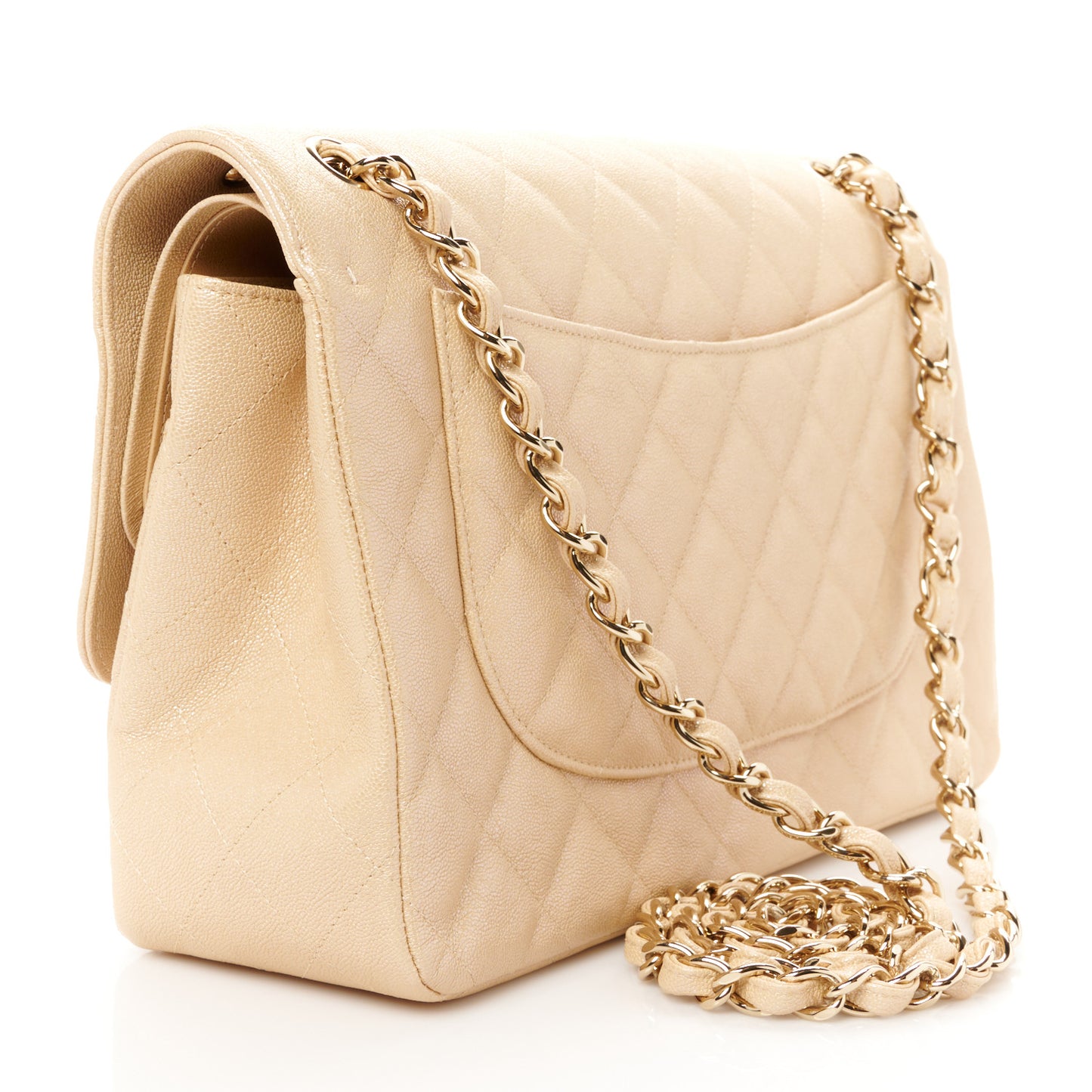 Iridescent Caviar Quilted Jumbo Double Flap Beige
