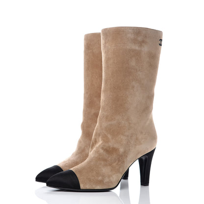 Chanel Suede Calfskin Satin Gabrielle Cap Toe Short Boots 40 Beige Black 3 of 8